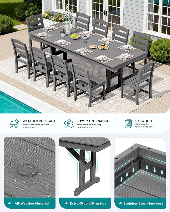 SERWALL 11 Piece Outdoor Dining Set, 84" HDPE Outdoor Table and Chairs for 10，All Weather Patio Furniture Set with Umbrella Hole for Backyard, Garden, Gray
