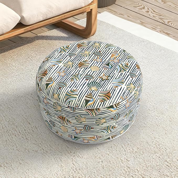 LVTXIII Indoor/Outdoor Extra Large Inflatable Ottoman Pouf D31 x H14 Inch, Round Footstool with Handle, Weather-Resistant Portable Furniture for Patio, Camping, Beach, Cabana Shells