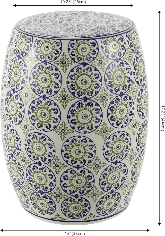 JONATHAN Y TBL1025A Lula 17.25" Suzani Ceramic Indoor/Outdoor Garden Stool, Blue/Green, Classic, Coastal, Bohemian, Traditional, Mediterranean, Cottage for Living Room, Garden, Outdoor, Home