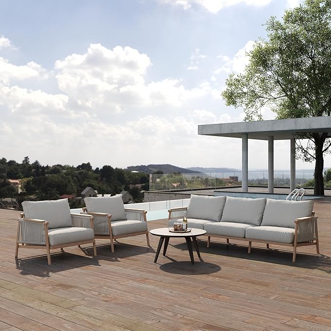 Acanva Modern All-Weather Aluminum Outdoor Patio Sofa with Thick Cushions, Olefin Fabric Sunroom Backyard Furniture, 3 Piece Set (Couch & 2 Chairs)