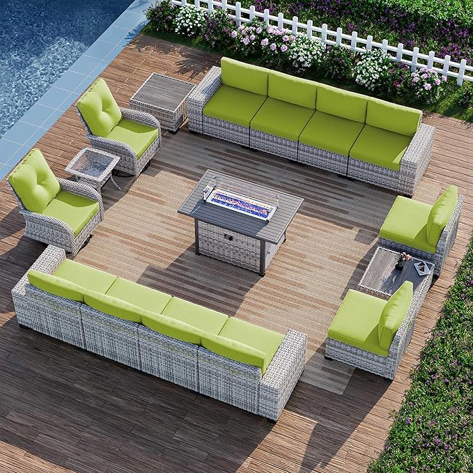 16-Piece Outdoor Patio Furniture Set with Rocking Swivel Chair, PE Wicker Rattan Sectional Sofa Patio Conversation Set with 55,000 BTU Fire Pit Table & Coffee Table, LAvocado Green