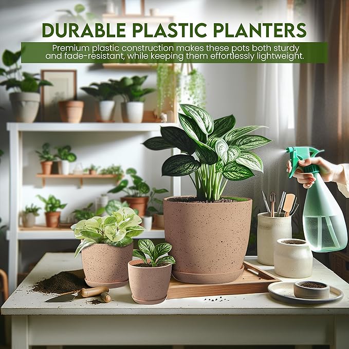 Utopia Home - Spotty Plant Pots Indoor with Drainage - 7/6.6/6/5.3/4.8 Inches Flower Pots - 5 Pack Plastic Planters - Ideal for Stocking Stuffers - (Speckled Peach Pink, Pack of 5)