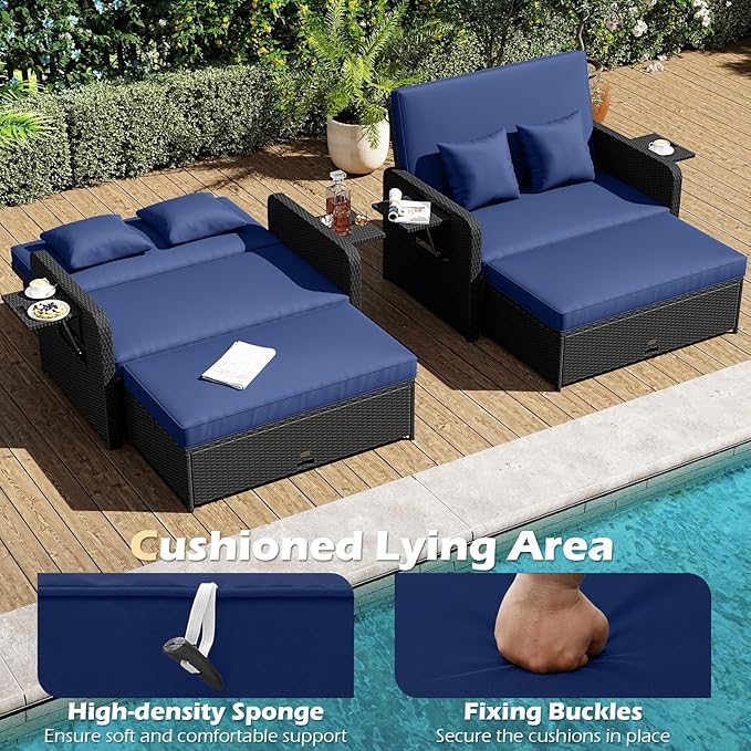Tangkula Patio Rattan Daybed with 4-Level Adjustable Backrest, Outdoor PE Wicker Loveseat with Storage Ottoman & Folding Side Tray, Double Sunbed Lounger for Balcony, Backyard & Poolside (Navy)