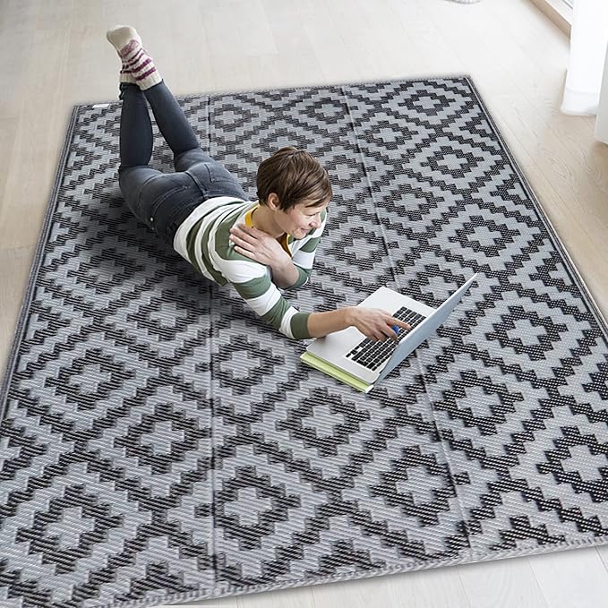 SAND MINE Waterproof Outdoor Rug 4x6 ft, Reversible Mats, Modern Area Rug, Large Floor Mat and Rug for Outdoors, RV, Patio, Backyard, Deck, Picnic, Beach, Trailer, Camping, Black & Grey Lattice