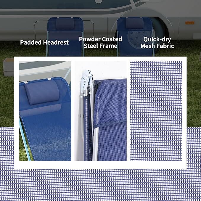 Outsunny 2 Piece Folding Chaise Lounge Chairs, Pool Sun Tanning Chairs with Reclining Back, Breathable Mesh Seat, Headrest for Beach, Yard, Patio, Dark Blue