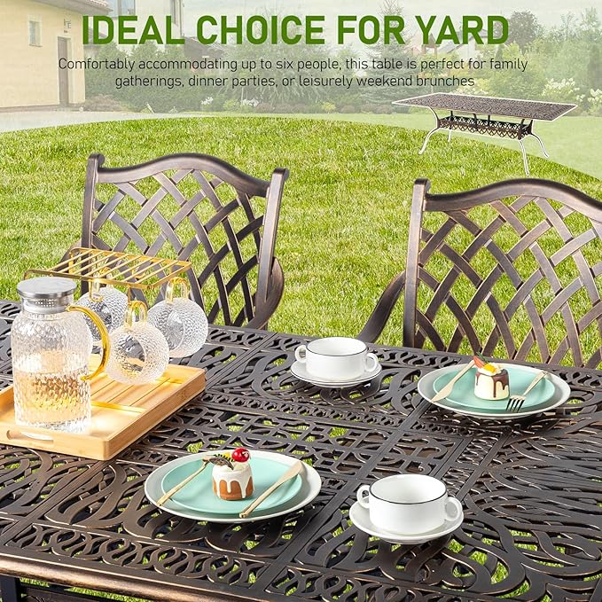 VINGLI 8-Person Outdoor Dining Table, Metal Dining Table with Umbrella Hole Cast Aluminum Patio Table, Rectangle Table Outdoor Furniture Garden Table (87”Lx42W”x28.5”H)