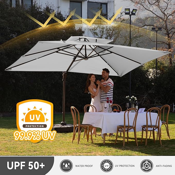10 X 13 FT Cantilever Outdoor Patio Umbrella with Led Lights Large Heavy Duty 360° Rotation Double Top Offset Rectangular Umbrellas for Backyard Garden Pool Outside Deck, Fog Grey