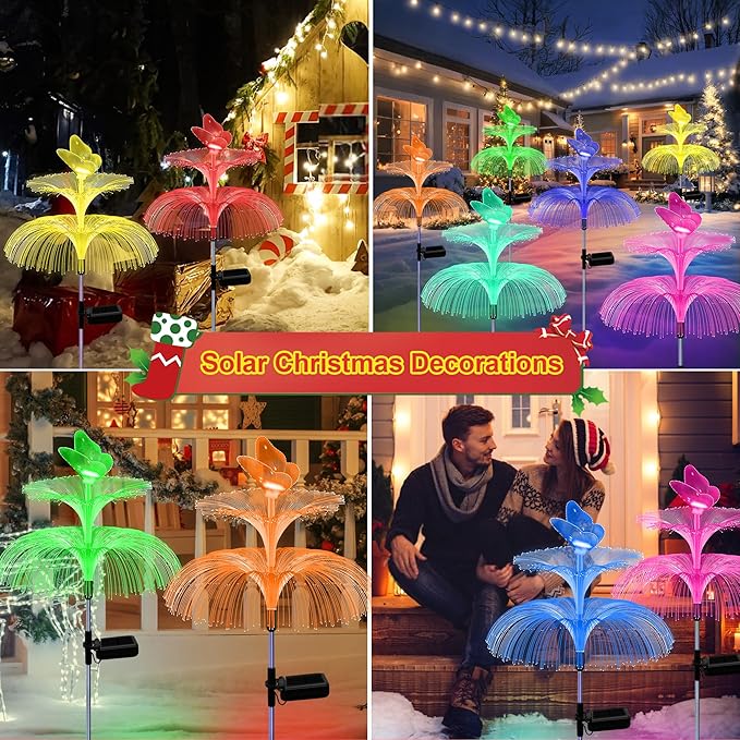 6 Pack Solar Garden Lights, Gardening Birthday Gifts for Mom Grandma Women, Waterproof 7 Color Changing Jellyfish Light with Butterfly Solar Flower Lights for Outdoor Pool Yard Garden Decor