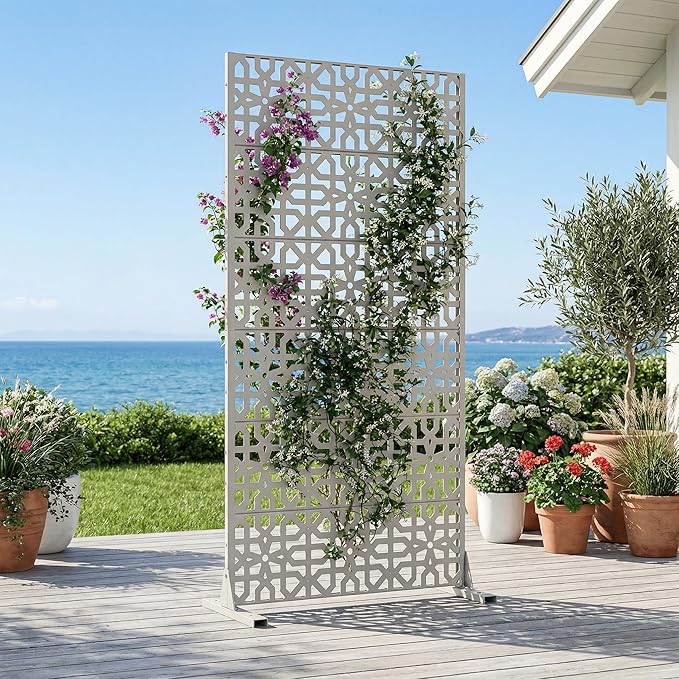 Casaphoria Metal Privacy Screen Outdoor, 72" H x 35" W Freestanding Decorative Privacy Screen for Patio Deck Balcony Garden with Stable Base, Grey-Perilla