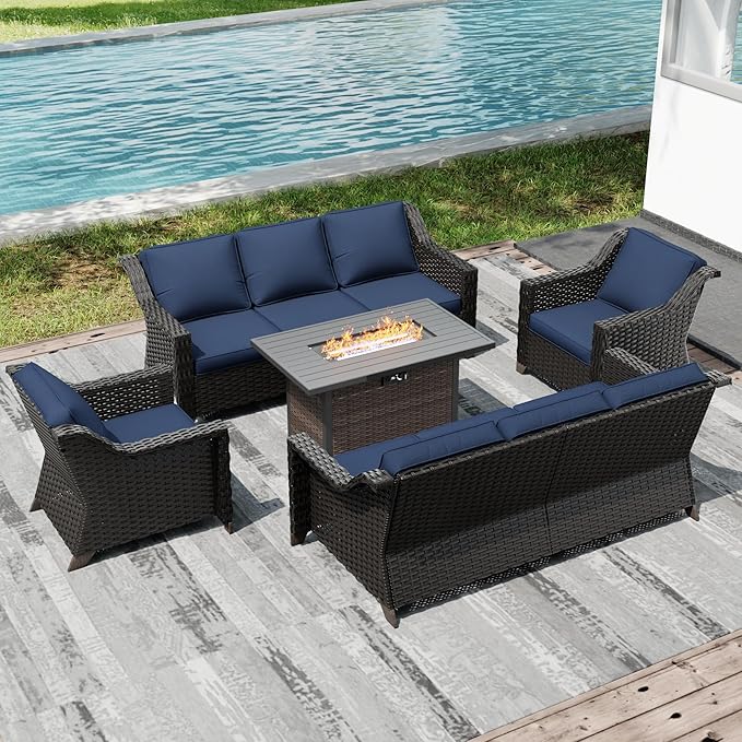 Joyside Wicker Patio Furniture Sets, 5 Pieces Upgraded Large Size Outdoor Furniture with Patio Dining Chair, Two 3-Seat Sofa, Fire Table,Thick Cushions, Wide Armrest, Blue