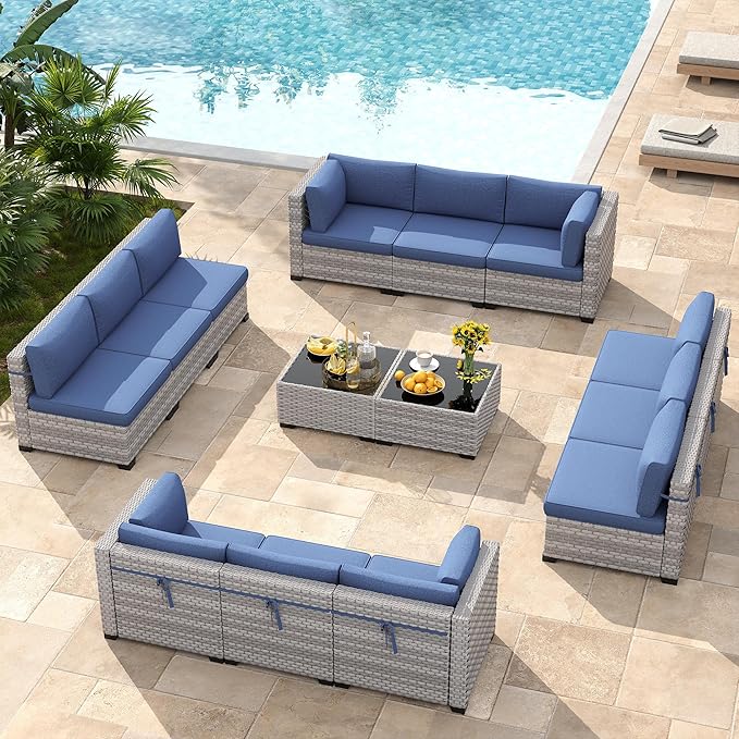 12-Seat Modular Patio Furniture Set – Outdoor Wicker Sectional Sofa with Thick 4″ Cushions, Dual-Strand PE Rattan, Rust-Resistant 18 mm Steel Frame, Backyard Garden Deck Lounge,Navy