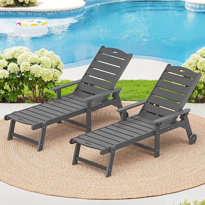 LUE BONA Outdoor Chaise Lounge Chairs Set of 2, HDPS Chaise Lounger, 5 Positions Adjustable Lounge Chairs, Pool Lounge Chair with Wheels for Poolside, Hotel, Restaurant, 3 Year Warranty, Dark Gray