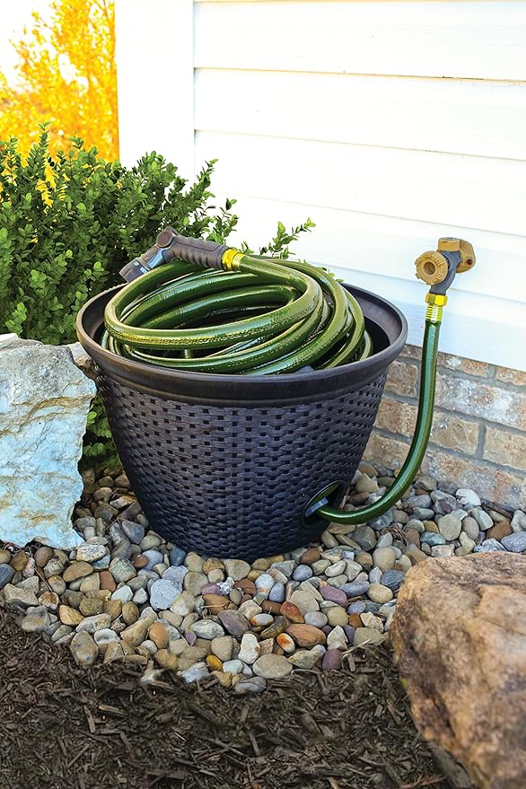 The HC Companies 18 inch Woven Garden Hose Holder, Lightweight UV-Resistant Plastic Water Hose Holder with 100-Foot Capacity, 2-Pack Water Hose Pots for Garden, Patio & Home Organization, Chocolate