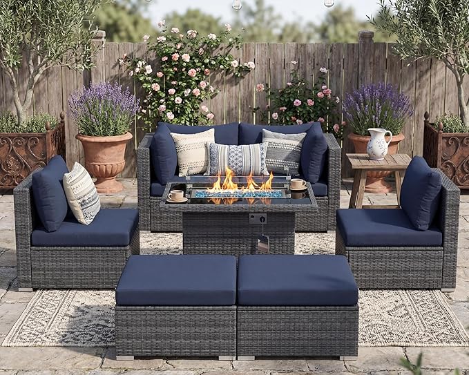 NICESOUL 7 Piece Outdoor Sectional Sofa Set with Firepit Natural Gas & Propane Convertible, Oversized Deep Seating Patio Furniture for Tall Person, 2 Color Cushion Navy & Gray for Easy Maintenance