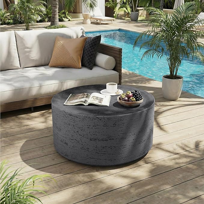 UPHA Outdoor Round Coffee Table, Small Modern Minimalist Accent Tables, Low Light Concrete Center Table for Living Room, Outside Patio, Deck, 28×28×13, Dark Grey