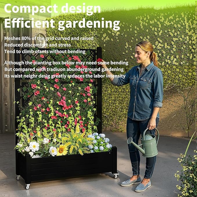 EasyUp Rolling Garden Planter Box with Trellis & Lockable Casters, Outdoor Raised Bed with Drainage & Water Gauge, Durable Resin for Patio, Balcony, Yard, Dust-Proof (Black, 43.43 * 18.27 * 64.29)