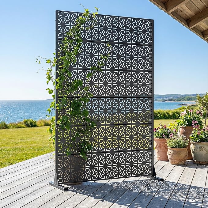 Casaphoria Metal Privacy Screen Outdoor, 72" H x 47" W Freestanding Decorative Privacy Screen for Patio Deck Balcony Garden with Stable Base, Black-Gene