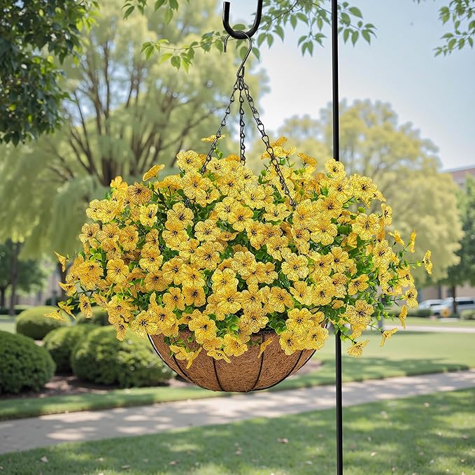 Artificial Faux Hanging Mums Plants Flowers Basket for Outdoors Summer Autumn Decoration,Hanging Planters with Fake Silk Daisy UV Resistant Realistic for Outside Porch Patio Balcony Garden Home Yellow