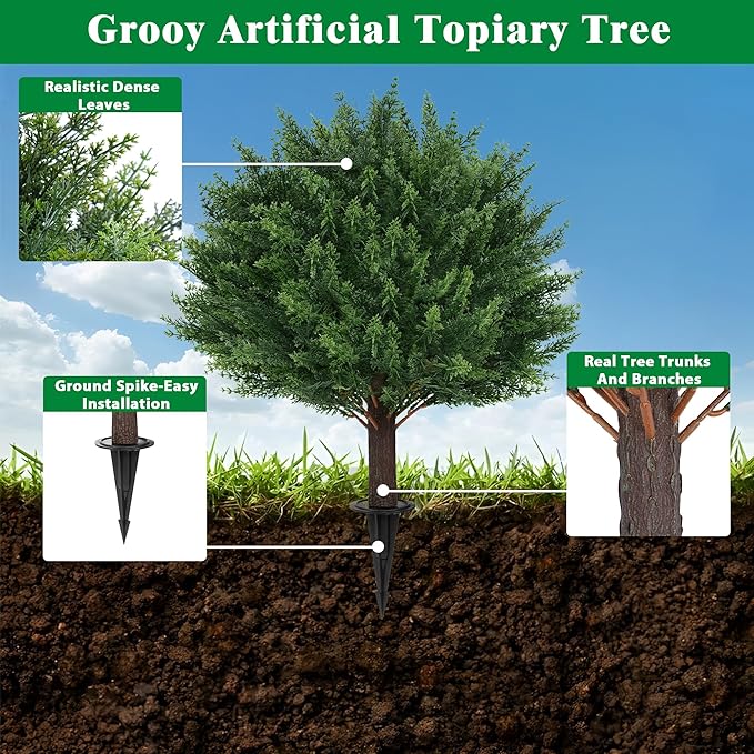 Artificial Cypress Topiary Tree with Ground Spike, Set of 4 Artificial Shrub Bushes, Fake Evergreen Tree for Porch, Artificial Plants for Outdoor Planters Indoor UV Resistant