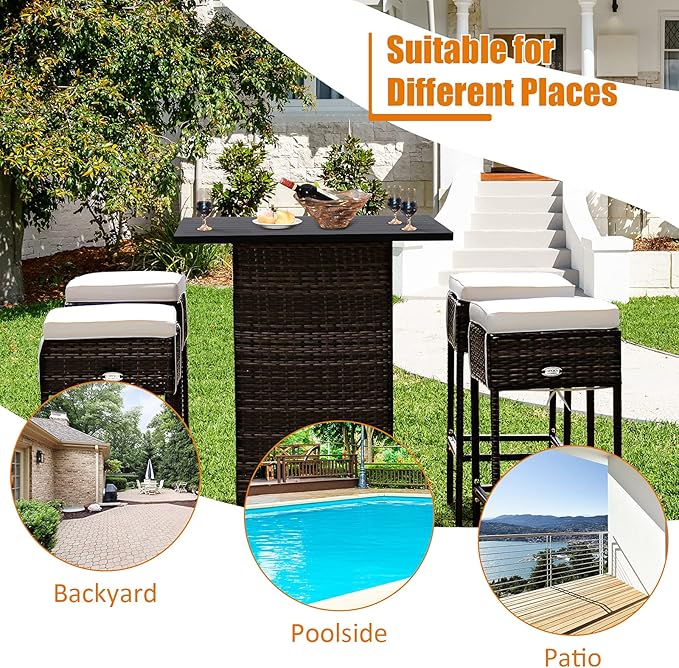 Tangkula 5 Piece Outdoor Rattan Bar Set, Patio Bar Furniture with 4 Cushions Stools and Smooth Top Table with Hidden Storage Shelf, Outdoor Conversation Set for Poolside, Backyard, Lawn