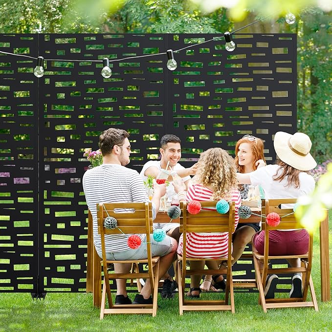 Casaphoria 72" H x 35" W Metal Outdoor Privacy Screen, Freestanding Decorative Divider for Patio, Deck, Balcony, and Garden with Stable Base, Black-Gerald
