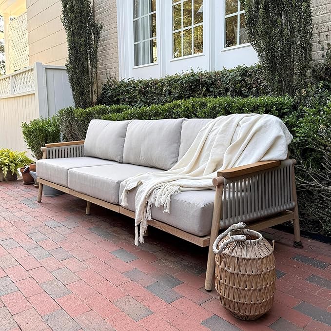 Acanva Modern All-Weather Aluminum Outdoor Patio Sofa with Thick Cushions, Olefin Fabric Sunroom Backyard Furniture, Couch Light Khaki