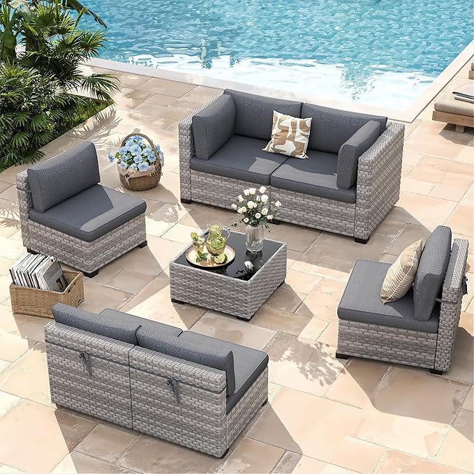 6-Piece Outdoor Patio Furniture Set, All-Weather Wicker Sectional Sofa with Deep Seating 4” Cushions, Heavy-Duty Steel Frame, Modular Rattan Couch for Backyard, Deck & Garden, Black
