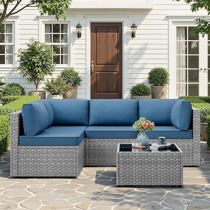 JAMFLY Patio Furniture Sets, 5-Piece Outdoor Patio Furniture with Thick Cushions, Wicker Outdoor Conversation Set Sectional Sofa for Backyard, Poolside, Garden, Aegean Blue