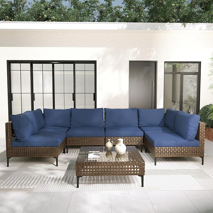 Grand patio Wicker Patio Furniture Set, All Weather Outdoor Sectional Sofa with Blue Thick Cushions and Coffee Table, 7 Pieces Sectional, Brown