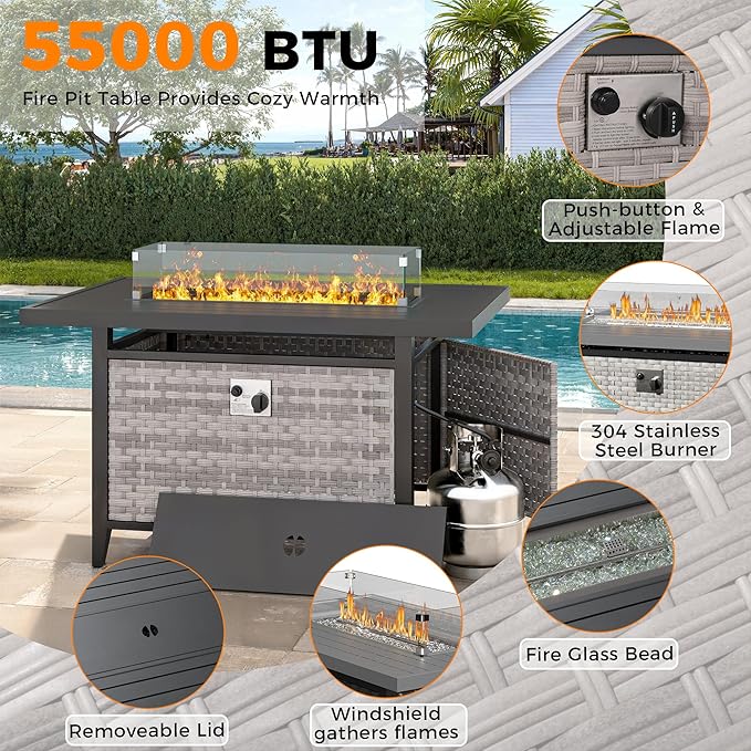 12-Seat Modern Outdoor Wicker Rattan Patio Furniture Set with 55,000 BTU Fire Pit Table, Thick 4″ Cushions, All-Weather Dual-Strand Rattan, Rust-Resistant Steel Frame,Blue