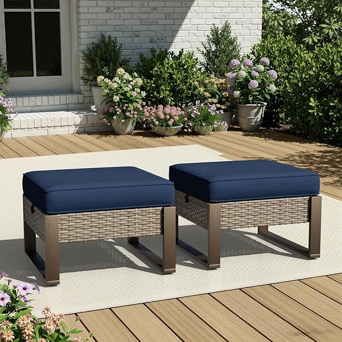 Joyside Outdoor Patio, All-Weather PE Rattan Ottomans Footstools with Removable Cushions & Anti-Rust Wood-Looking Legs for Garden, Backyard, Porch, Deck (Blue)