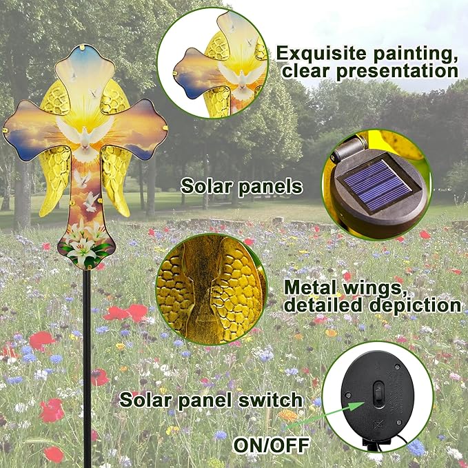 Solar White Dove Cross Garden lamp - Angel Wing Memorial Decoration, Waterproof Cemetery Solar Wooden Stake lamp for Easter, Courtyard, Yard - A Sympathetic Gift for Loved Ones.