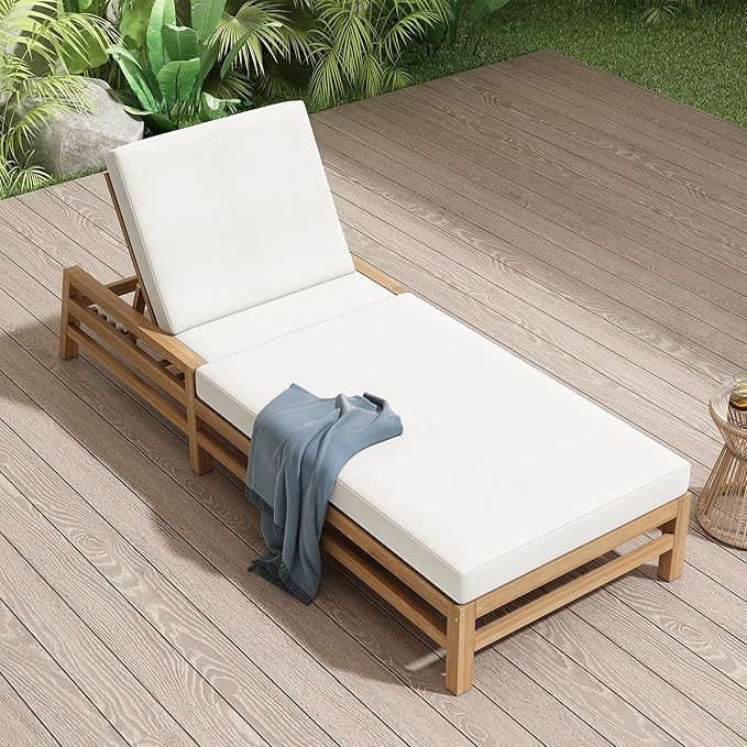 LUMISOL Patio Chaise Lounge Chair, 5-Position Adjustable Outdoor Chaise Lounge, Solid Wood Patio Recliner Chair with Thick Cushions, Weather-Resistant for Pool, Balcony, Garden, Light Teak
