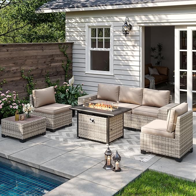 7-Piece Outdoor Patio Furniture Set with 55,000 BTU Fire Pit Table, PE Wicker Rattan Sectional Sofa Patio Conversation Set with Thickened Cushions & Coffee Table, Sand