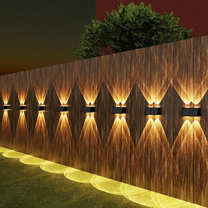8-Pack Solar Fence Lights, Up & Down Lighting, 50LM/25LM 4 Modes (3000K/6500K), IP65 Waterproof, 1200mAh Battery, Screw/Adhesive Mount for Garden Wall Path Deck