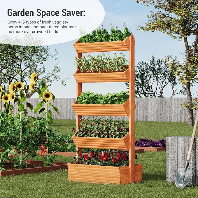 Vertical Wooden Raised Garden Bed Planters Wood Planter Kit Plant Stand Flower Rack Planter Box Gardening for Plants Herbs Flowers Vegetables Outdoor Indoor Freestanding (Orange 5-Tier)