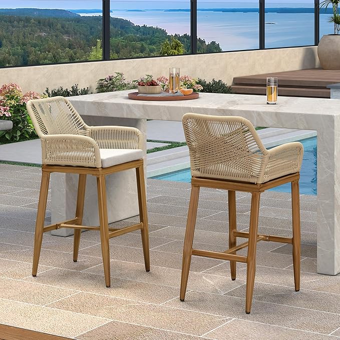 PURPLE LEAF Outdoor 29" Bar Stools Set of 2, Boho Patio Bar Height Chair with Cushion and Back for Outdoor and Indoor, Garden, Patio, Teak
