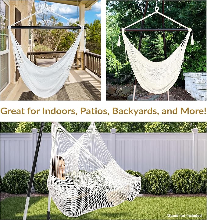 Sunnydaze Outdoor Hammock Chair Swing - Hanging Hammock Swing - Hanging Reading Chair - Soft-Spun Polyester Rope - Caribbean XL - Tan