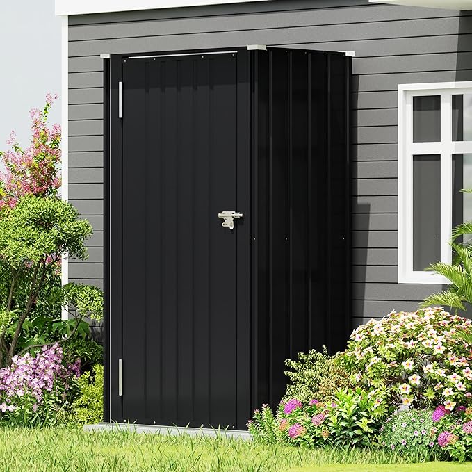 Devoko 22 Cuft Lockable Metal Storage Shed, Vertical Indoor Outdoor Tool Cabinet with Non-Adjustable Shelves for Patio Garden Backyard, Black