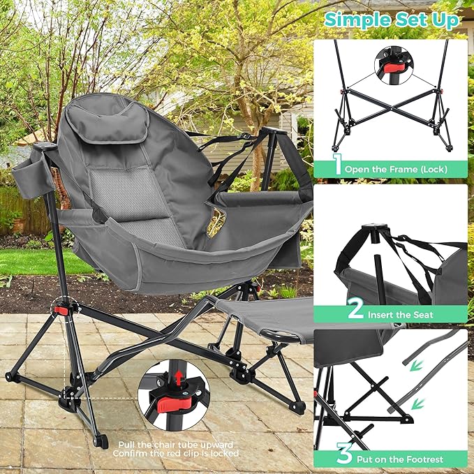 Ainfox Hammock Camping Chair with Footrest, Foldable Portable Rocking Chairs for Adults Outside Swinging Camp with Cup Holder Pillow for Outdoor Patio Poolside (Dark Grey)