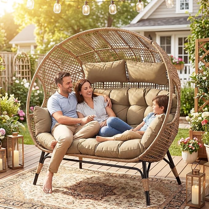 NICESOUL® Double Egg Chair Indoor Outdoor Stationary Oversized 6.5" Thick Padded Cushions,2 Person Wicker Egg Loveseat Chair,680 lbs Extra Wide Lounge Chair for Patio Balcony Porch Brown with Cover