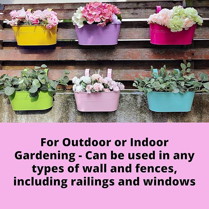LaLaGreen Rail Planter Outdoor Plants (11.2 Inch, 6 Pack) Colorful Metal Iron Strawberry Hanging Flower Pots Deck Railing, Fence Wall Mount Bucket Modern Window Box Hooks Porch Garden Outside Decor