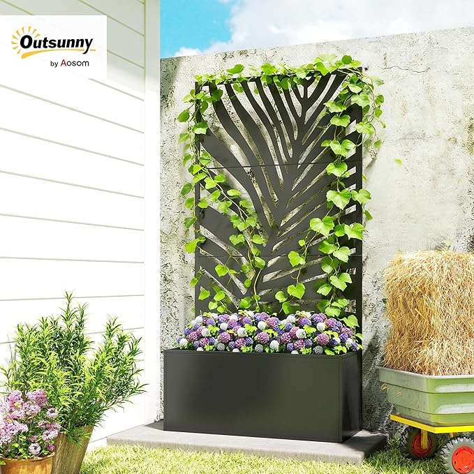 Outsunny Metal Planter Box with Trellis, 71" Tall Raised Garden Bed with Trellis Privacy Screen for Climbing Plants, Large Leaf Cut-Out Privacy Planter for Garden, Patio, Balcony