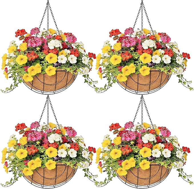 4 Pack 14 Inch Hanging Baskets for Plants Outdoor Metal Hanging Planter Hanging Flower Baskets with Coco Fiber Liners Chain Round Wire Plant Holder Hanging Flower Pots(Flower Border)