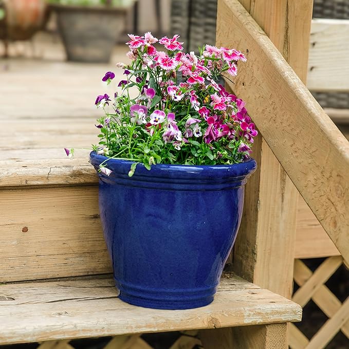 Sunnydaze Round Ceramic Planter - Set of 2 Indoor or Outdoor Plant Pots with Drainage Hole - Studio - 11" - Imperial Blue Glaze
