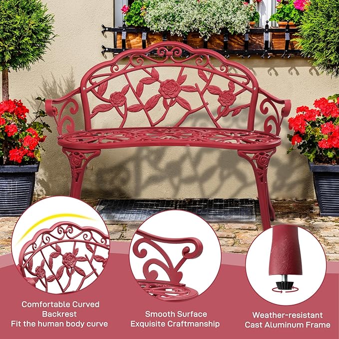 VINGLI 38.5" Patio Park Garden Outdoor Metal Rose Bench, 2-Person Cast Iron Cast Aluminium Frame Antique Finish Chair,Accented Lawn Front Porch Path Yard Decor Deck Furniture (Red, Rose)