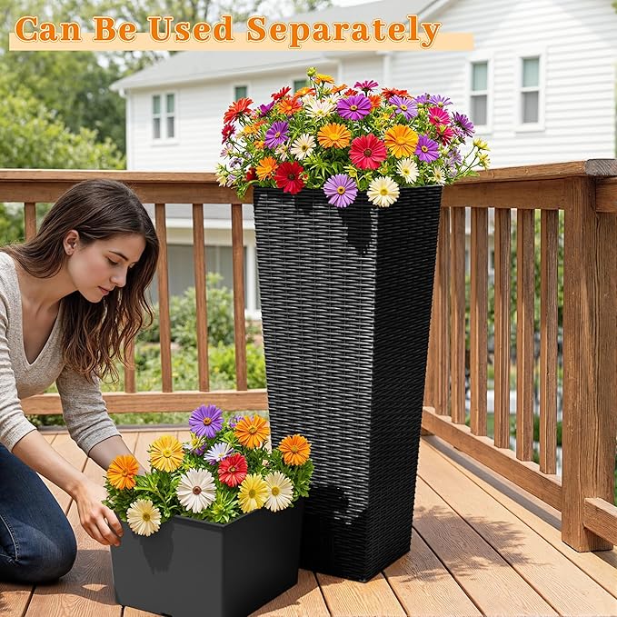 Greesum 32 Inch Tall Plastic Planters with Rattan Texture – Set of 2, Detachable Inner Pot & Drainage Holes, Indoor/Outdoor Decorative Flower Pots for Large Plants, Trees, Patio, and Garden, Black