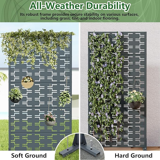 Casaphoria Metal Privacy Screen Outdoor, 60" x 30" W Freestanding Decorative Privacy Screen for Patio Deck Balcony Garden with Stable Base, Drakgrey-Brick
