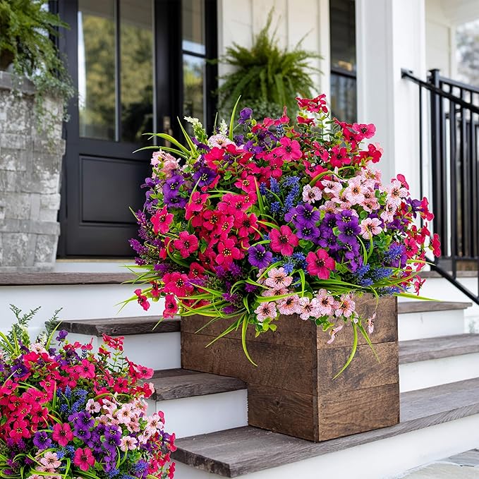 Artificial Flowers for Outdoors Fake Plants - 16 Bundles Faux Outside Greenery Boxwood No Fade Plastic Shrubs Fall Decor Farmhouse Home Garden Thanksgiving Mums (Mix White Purple Pink)
