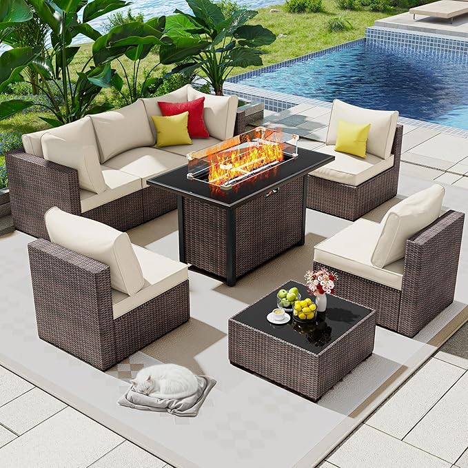 Outdoor Patio Furniture Set with 43'' Fire Pit Table, 8 Pcs Outdoor Patio Furniture Conversation Sets with 4in Thicken Cushion, Wicker Outdoor Sectional for Backyard, Garden, Balcony,Deck, Brown/Beige